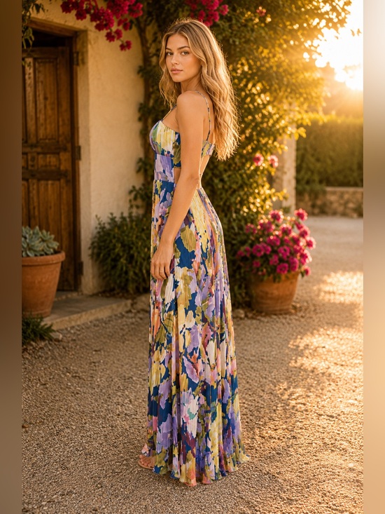 Lulus Dresses & Skirts - Lulus Holloway Watercolor Floral Pleated Chiffon Maxi Dress Size M Dark Blue